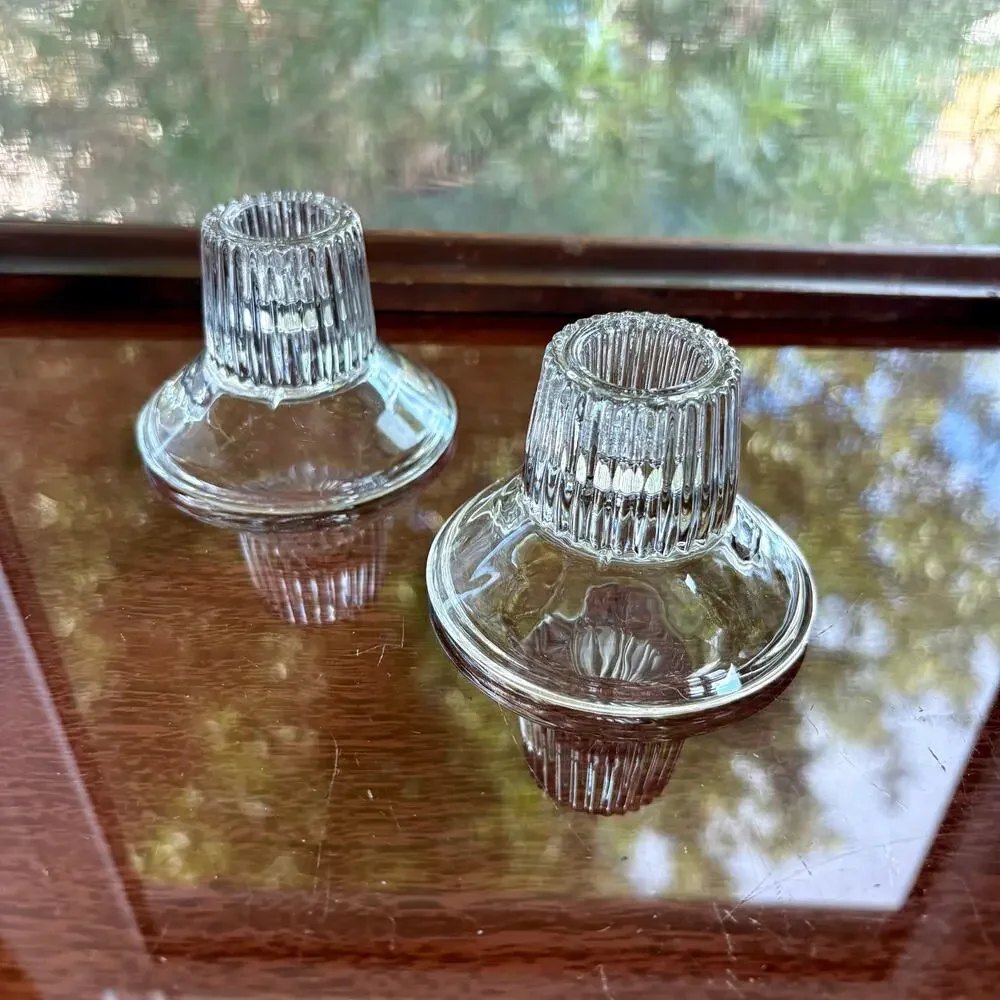 Pair Vintage Clear Glass Candlestick Holders Ribbed Base Mid Century Style
